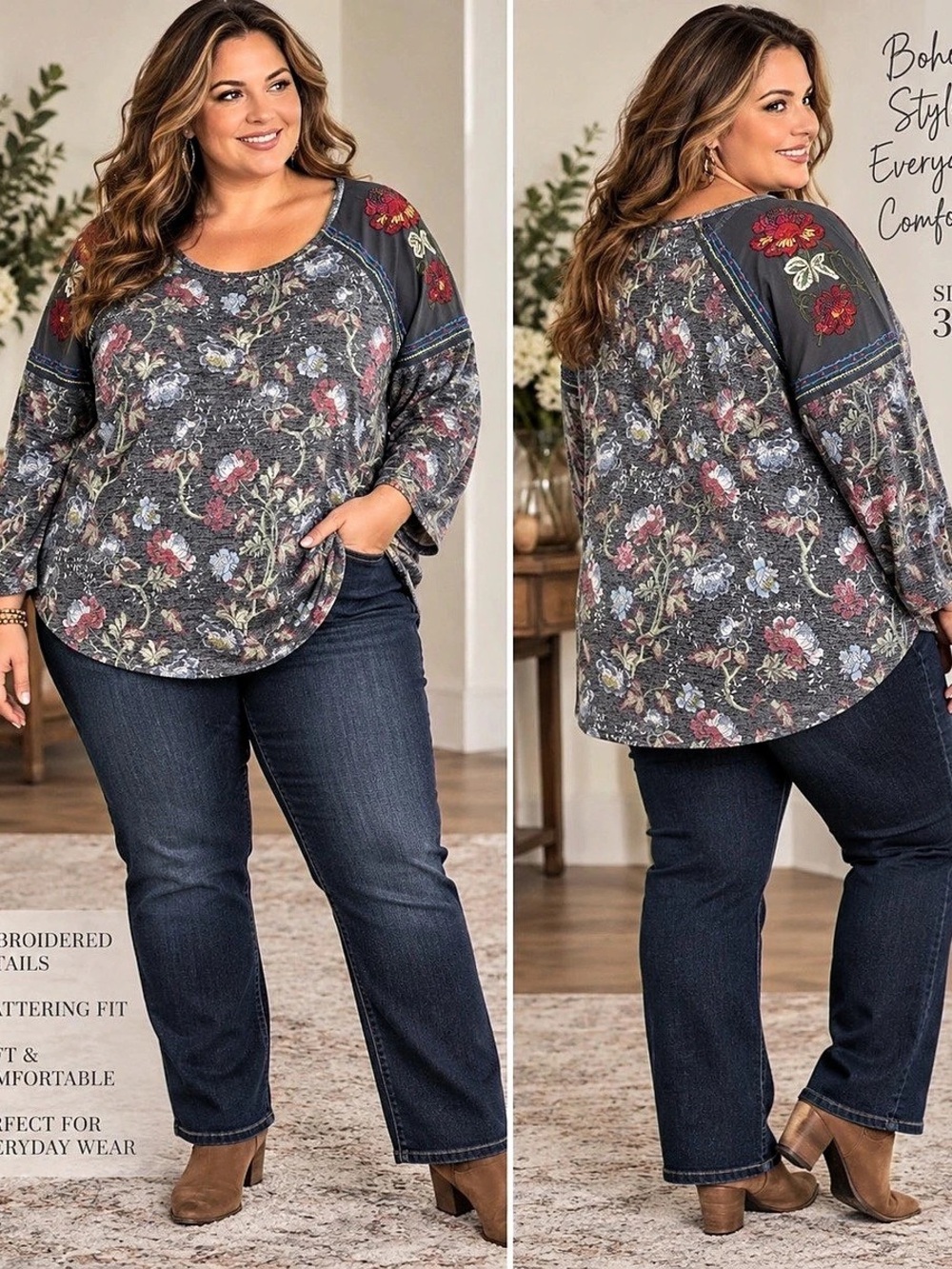 Hannah Woman Plus Size 3X Embroidered Floral Mixed Media Top